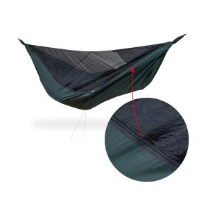 dark green hanging hammock with zip modification for classic bottom entry and enlarged zip image