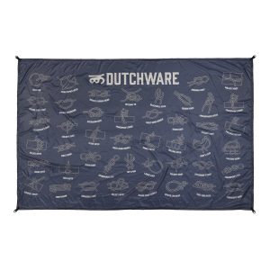 navy poly fabric cloth with symbols of knots and the word dutchware printed on it used as a ground cover