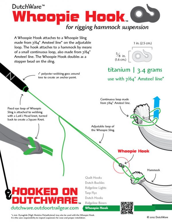 Guide for how the Whoopie Hook attaches to the hammock for suspension from Dutchware Gear