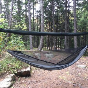 12′ 6″ Tarp Sleeve hung above a hammock in the woods