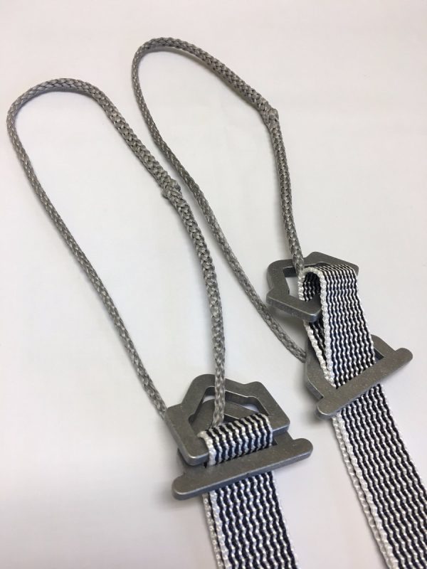 Pair of June Bug Buckles attached to rope for suspension of hammocks outdoors from Dutchware gear