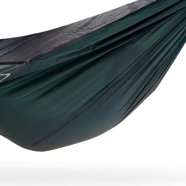 dark green and black hanging hammock with zips on the side