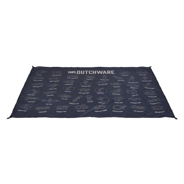 navy poly fabric cloth with symbols of knots and the word dutchware printed on it laying flat used for camping