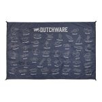 navy poly fabric cloth with symbols of knots and the word dutchware printed on it used as a ground cover