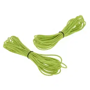 photo of two cuts of 25-foot florescent green shock cord held neatly in place with a black rubber band