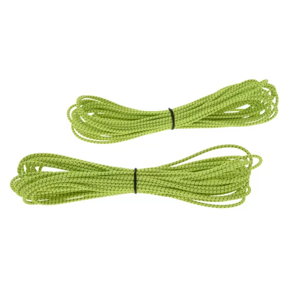 photo of two cuts of 25-foot florescent green shock cord held neatly in place with a black rubber band