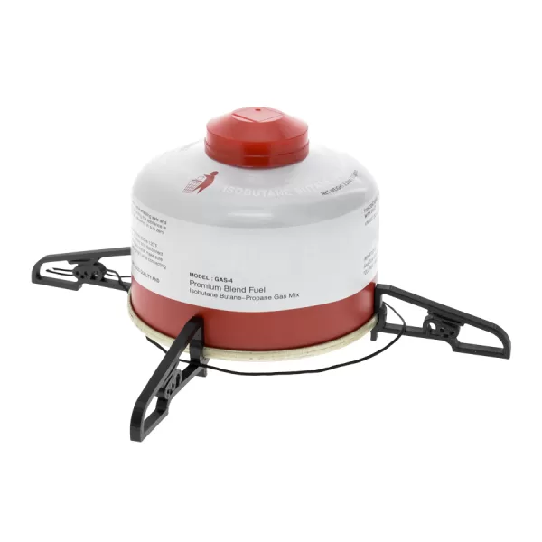 photo of one white and red butane canister with the black canister out riggers attached to the bottom. Canister Outriggers have Dutchware Brand bling hardware as part of the design of the out riggers. View from front.