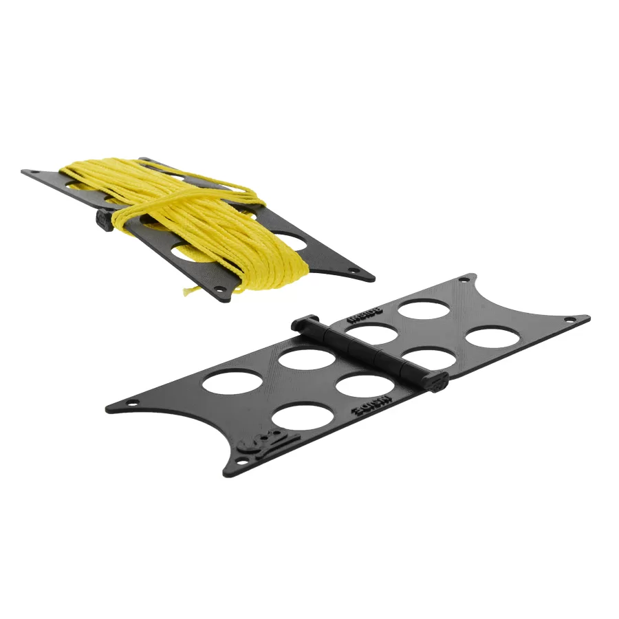 one black foldable line winder open flat with no line. One black foldable line winder open flat wrapped with yellow line. Viewed from above laid side by side
