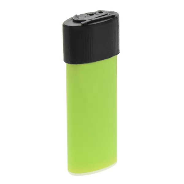 One green lighter standing up with a black lighter cover over the top of it