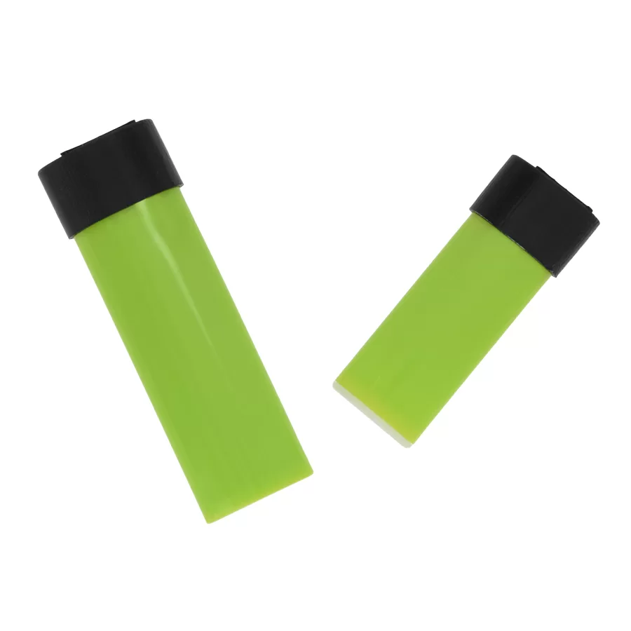 photo shows one small green lighter and one larger green lighter both with black lighter covers